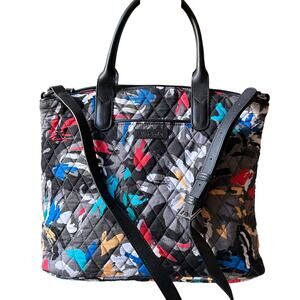 Vera Bradley Tote Mailbag Black Quilted Floral Leather & Cloth